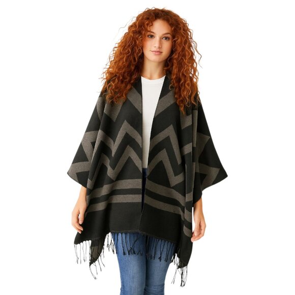 None Jackets & Blazers - UNBRANDED Women's Warm Winter Wrap With Fringe ONE SIZE Grey Black Zigzag